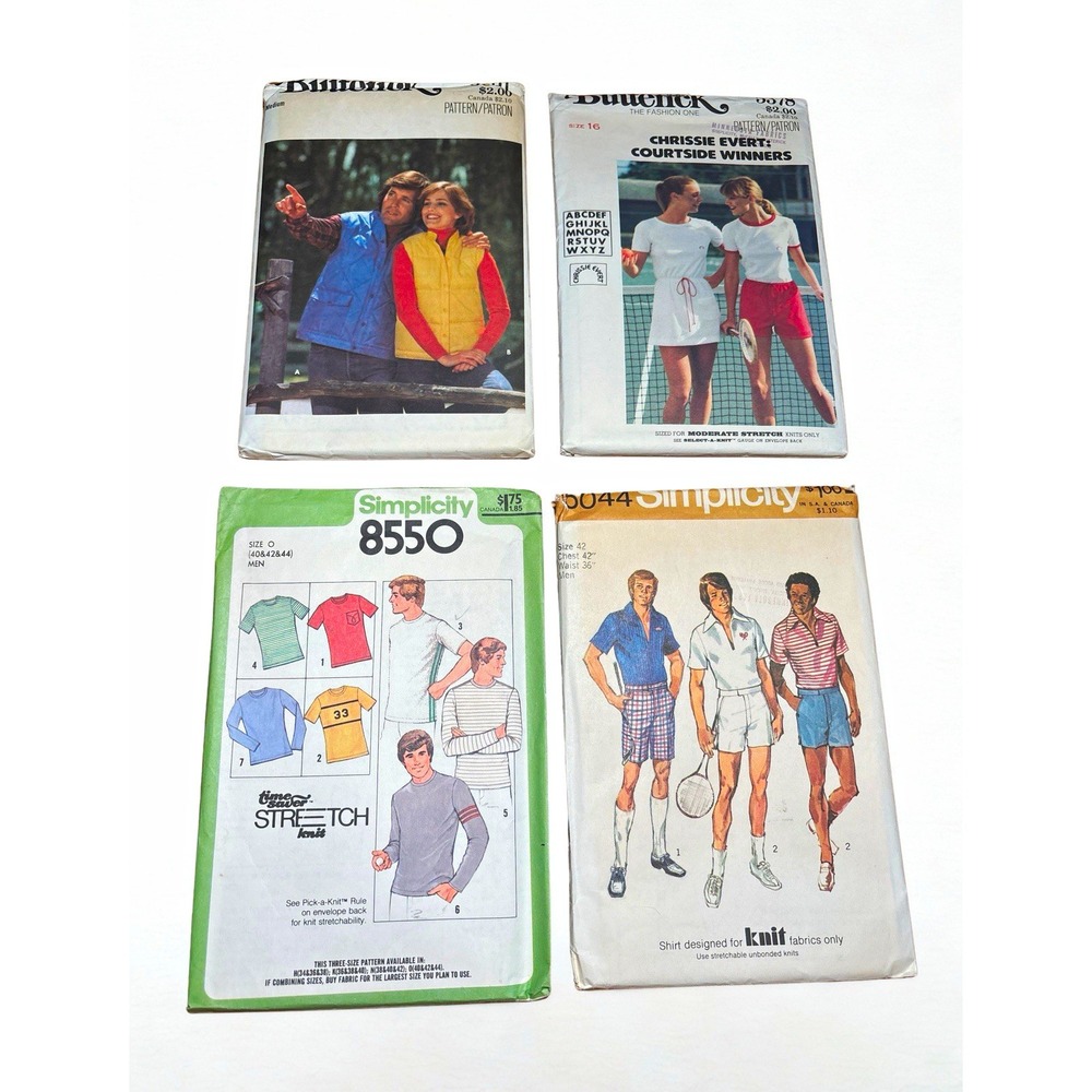 Lot of 4 Vintage 1970s Sewing Patterns Simplicity Butterick Men's Women's Tennis